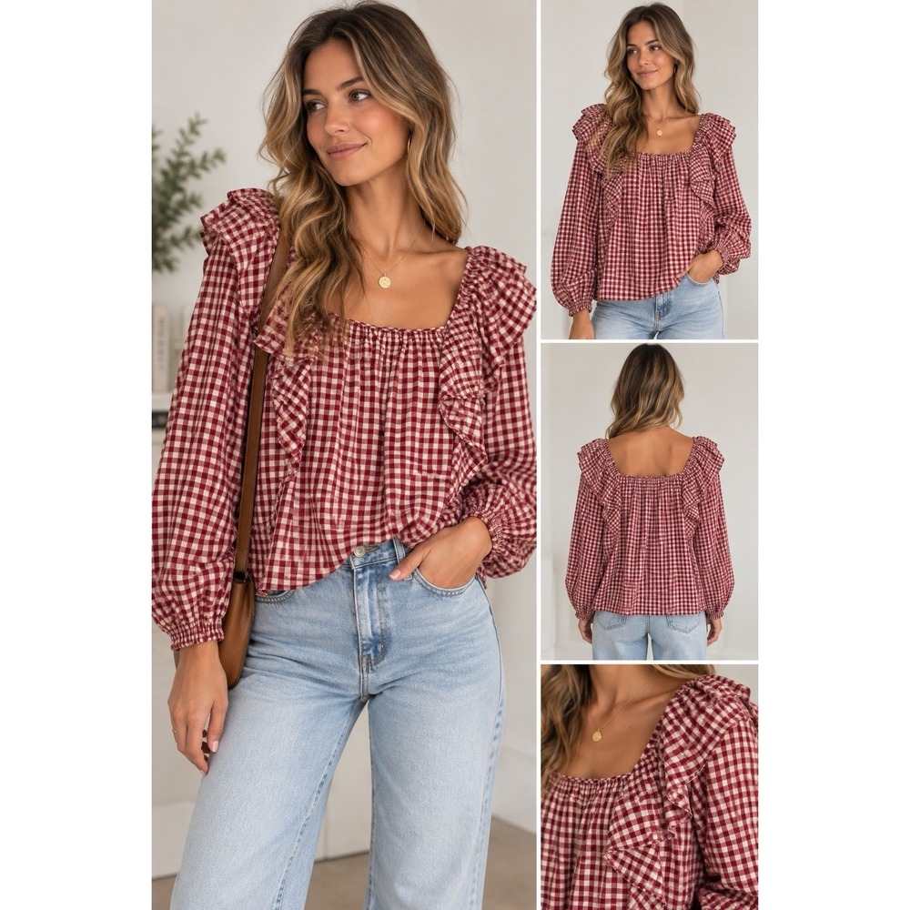 J.Crew Plaid Ruffle Long Sleeve Blouse Top Square Neck Holiday Christmas Women L